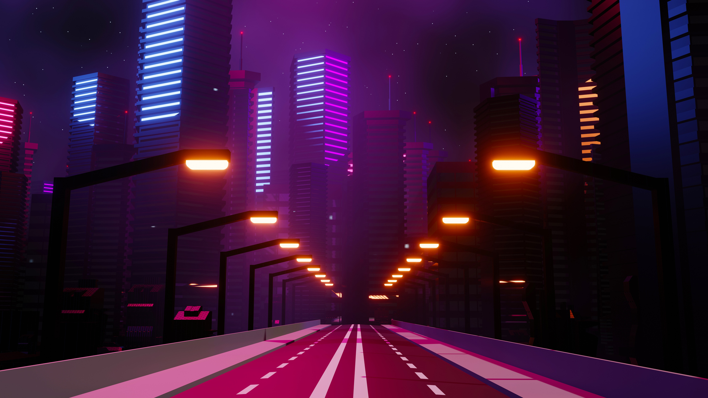 3d render of Cyber punk night city landscape concept. Light glow